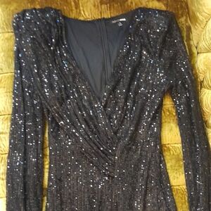 Fashion Nova Black Sequin Long Sleeve Shoulder Pad Dress 4ft. Long